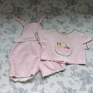 Vtg 90s Toddler Girl 3T Pink Green Gingham Seersucker Shortall Romper Shirt Set